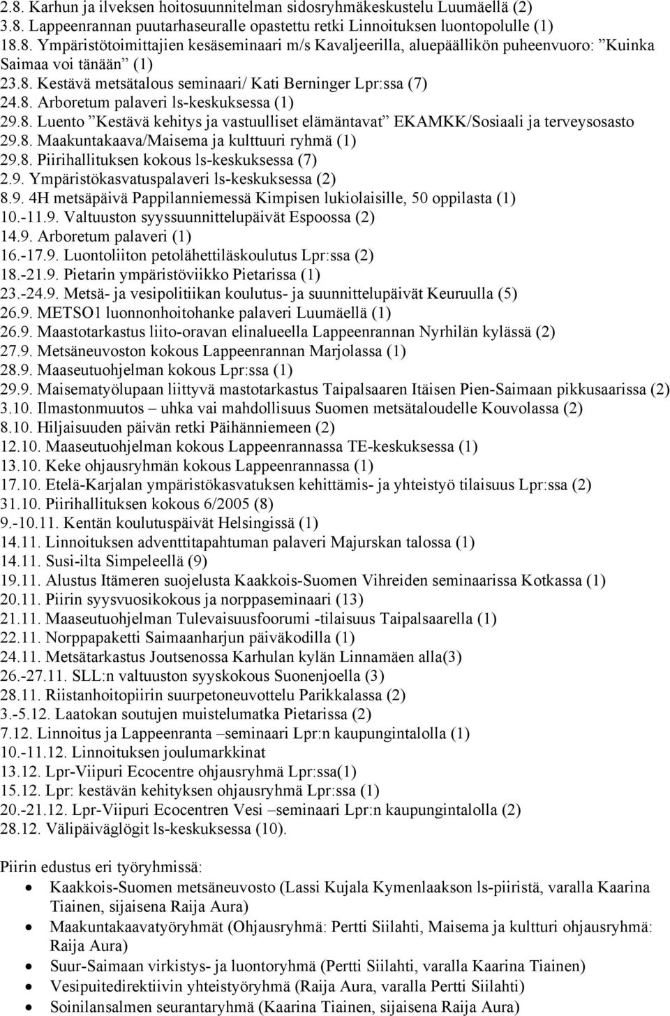 8. Piirihallituksen kokous ls-keskuksessa (7) 2.9. Ympäristökasvatuspalaveri ls-keskuksessa (2) 8.9. 4H metsäpäivä Pappilanniemessä Kimpisen lukiolaisille, 50 oppilasta (1) 10.-11.9. Valtuuston syyssuunnittelupäivät Espoossa (2) 14.