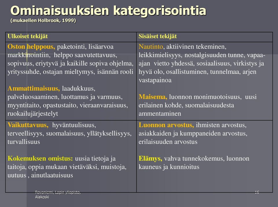 hyväntuulisuus, terveellisyys, suomalaisuus, yllätyksellisyys, turvallisuus Kokemuksen omistus: uusia tietoja ja taitoja, oppia mukaan vietäväksi, muistoja, uutuus, ainutlaatuisuus Sisäiset tekijät