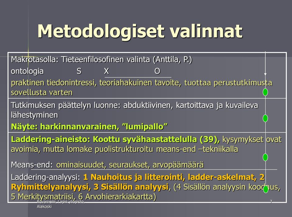 ja kuvaileva lähestyminen Näyte: harkinnanvarainen, lumipallo Laddering-aineisto: Koottu syvähaastattelulla (39), kysymykset ovat avoimia, mutta lomake