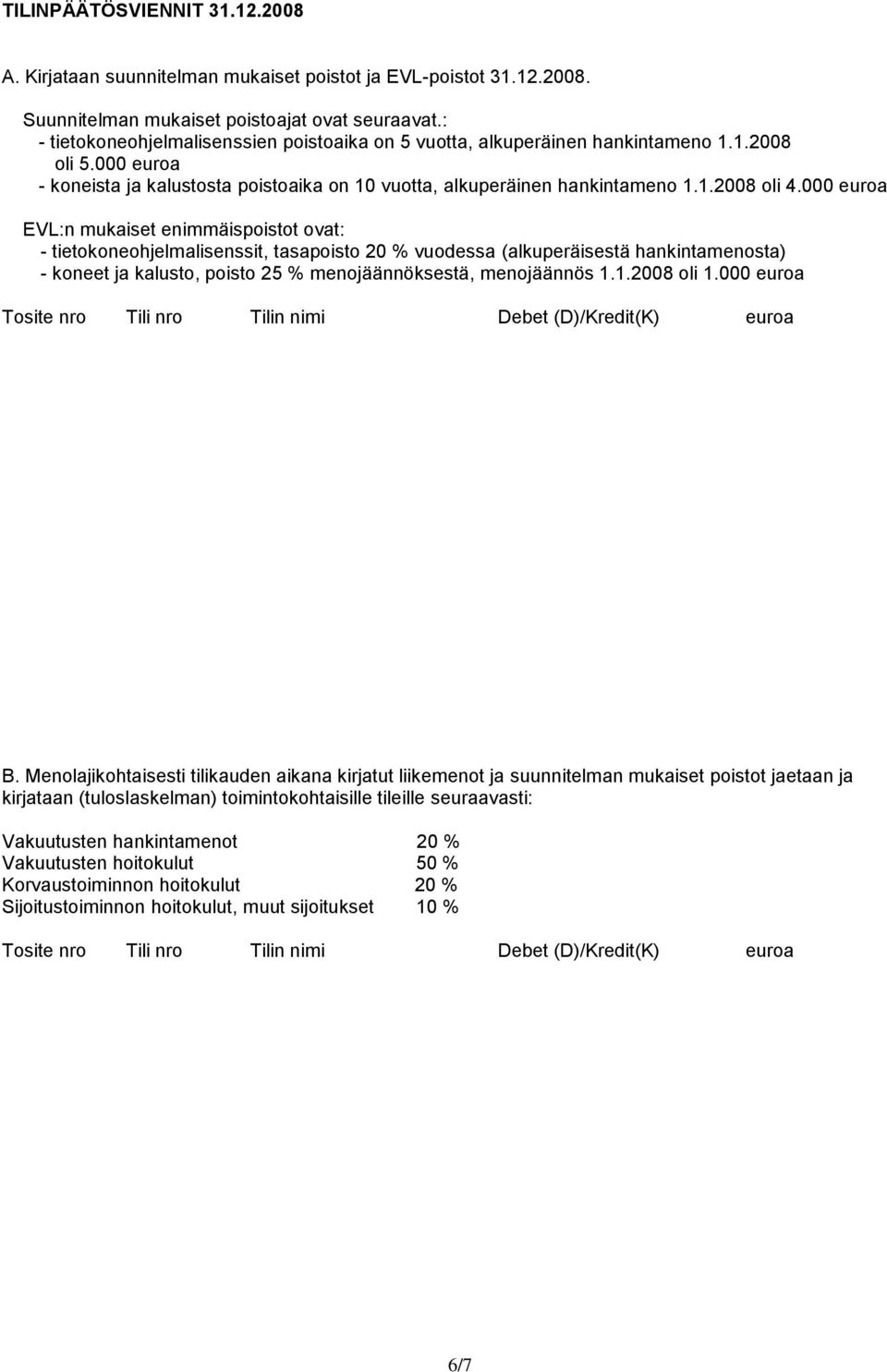 000 euroa EVL:n mukaiset enimmäispoistot ovat: - tietokoneohjelmalisenssit, tasapoisto 20 % vuodessa (alkuperäisestä hankintamenosta) - koneet ja kalusto, poisto 25 % menojäännöksestä, menojäännös 1.