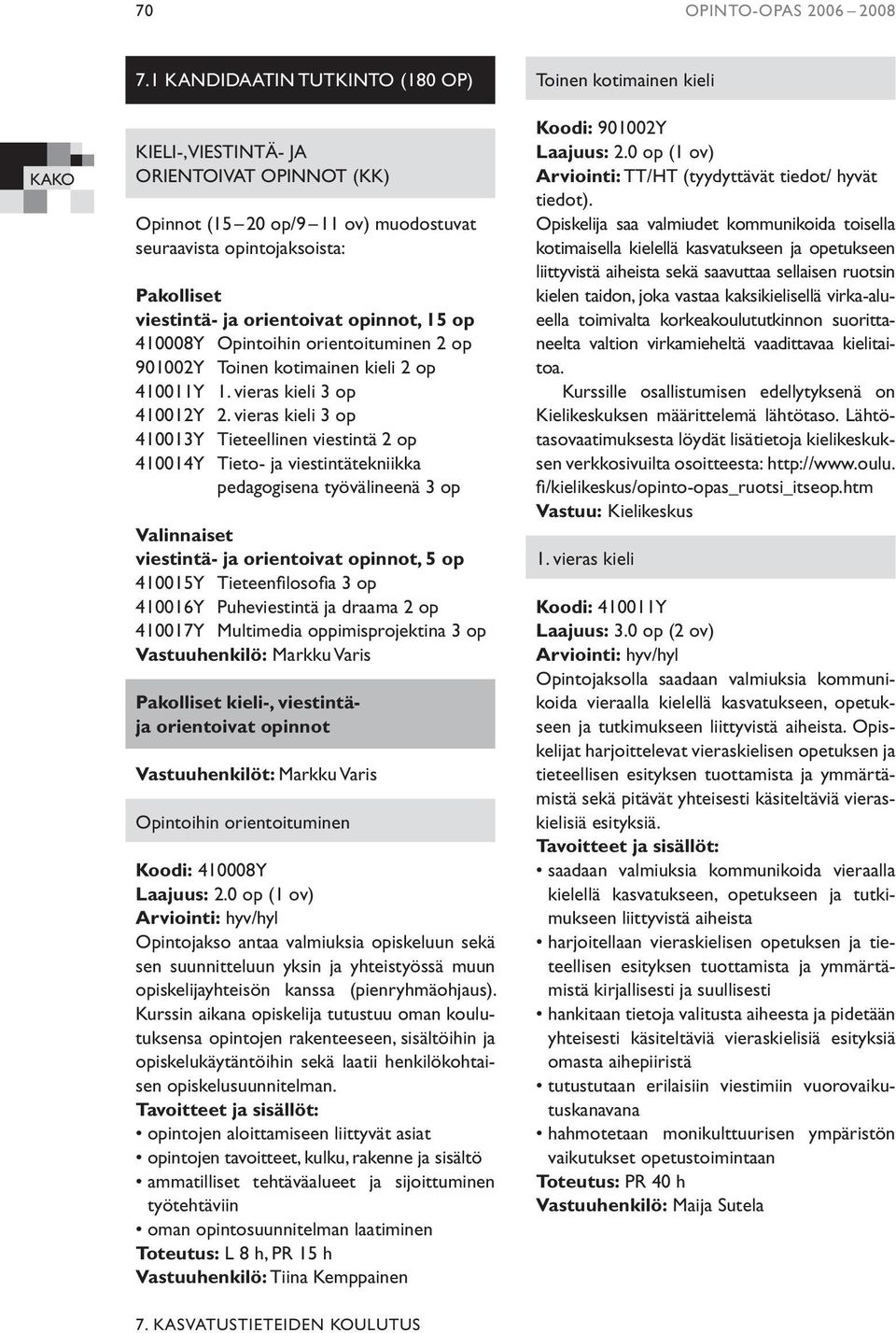 410008Y Opintoihin orientoituminen 2 op 901002Y Toinen kotimainen kieli 2 op 410011Y 1. vieras kieli 3 op 410012Y 2.
