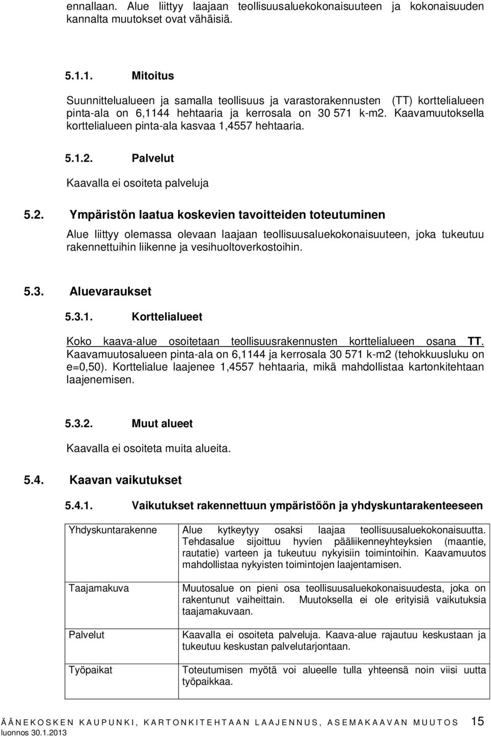 Kaavamuutoksella korttelialueen pinta-ala kasvaa 1,4557 hehtaaria. 5.1.2.