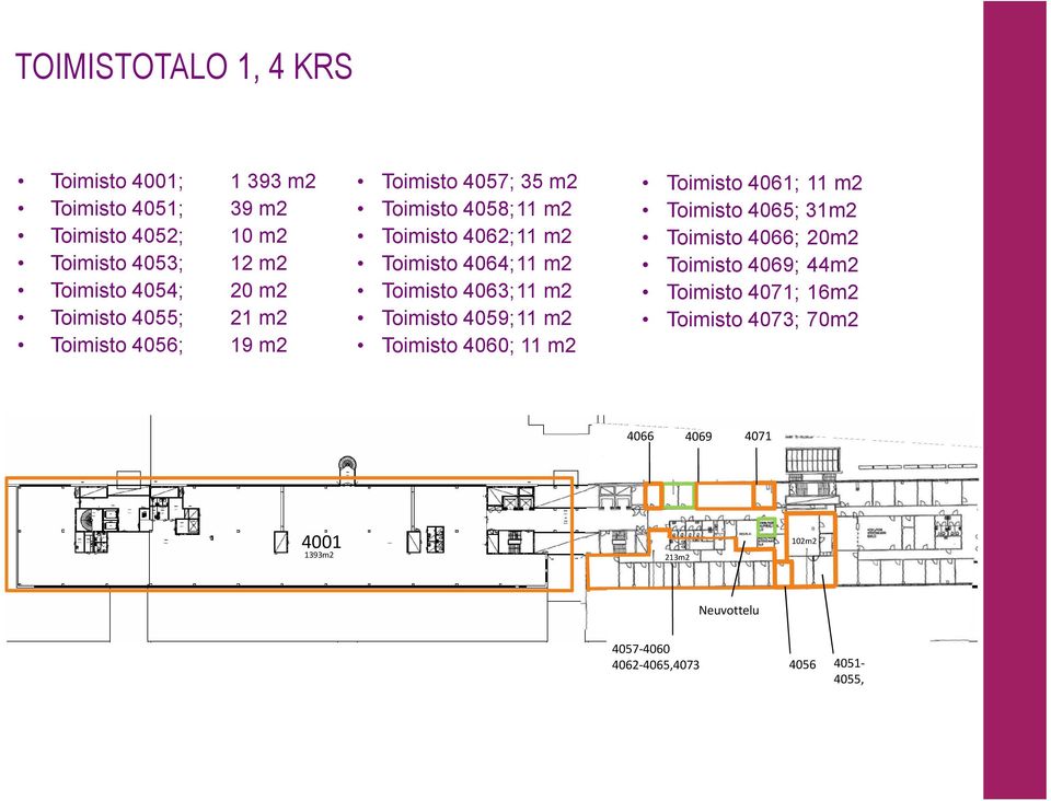 Toimisto 4063;11 m2 Toimisto 4059;11 m2 Toimisto 4060;11 m2 Toimisto 4061;11 m2 Toimisto 4065; 31m2 Toimisto 4066; 20m2 Toimisto