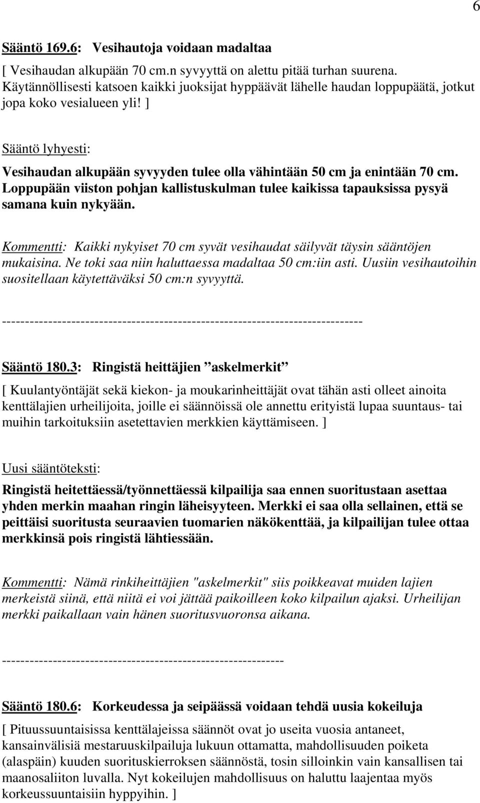 ] Sääntö lyhyesti: Vesihaudan alkupään syvyyden tulee olla vähintään 50 cm ja enintään 70 cm. Loppupään viiston pohjan kallistuskulman tulee kaikissa tapauksissa pysyä samana kuin nykyään.