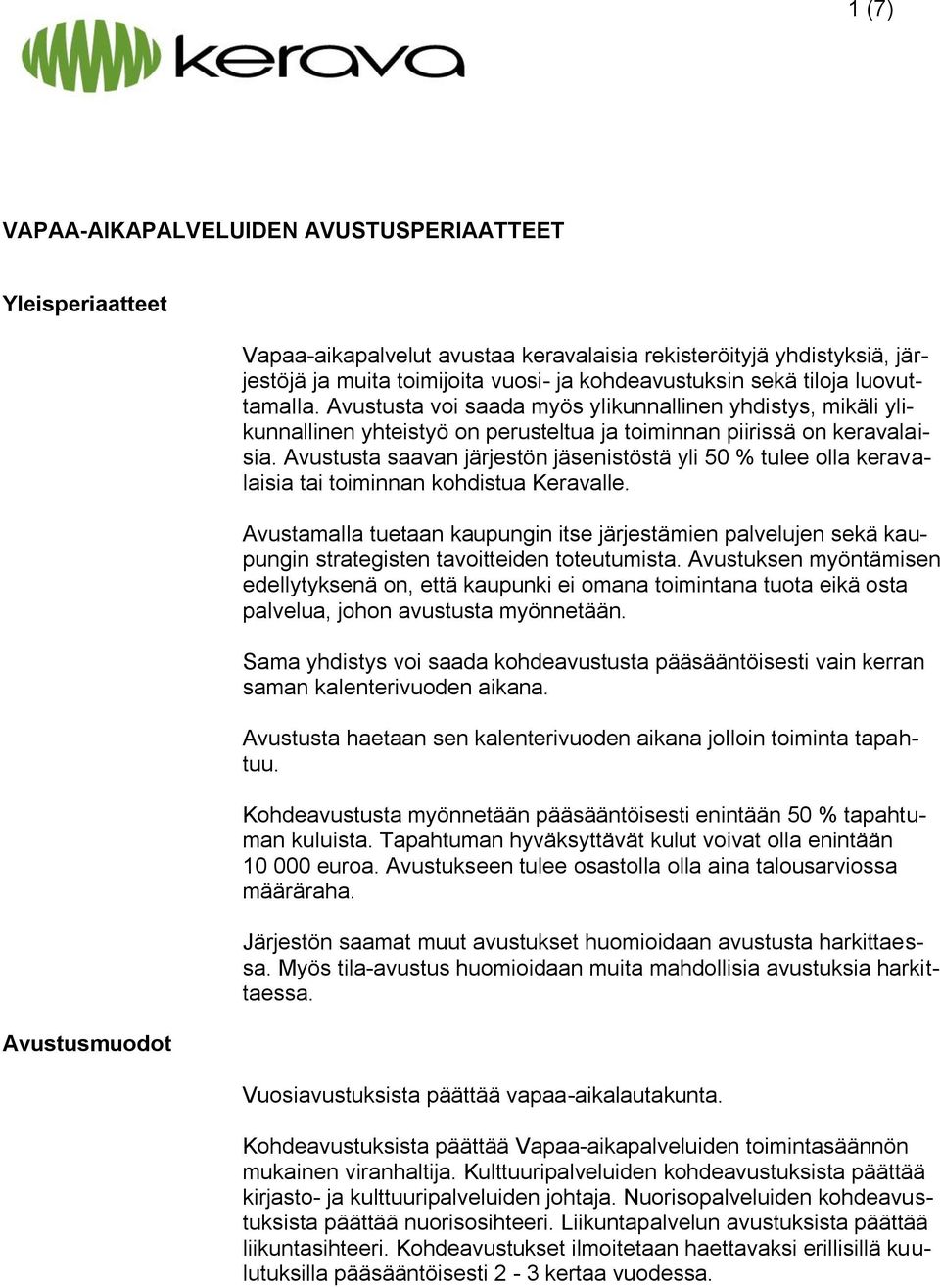 Avustusta saavan järjestön jäsenistöstä yli 50 % tulee olla keravalaisia tai toiminnan kohdistua Keravalle.