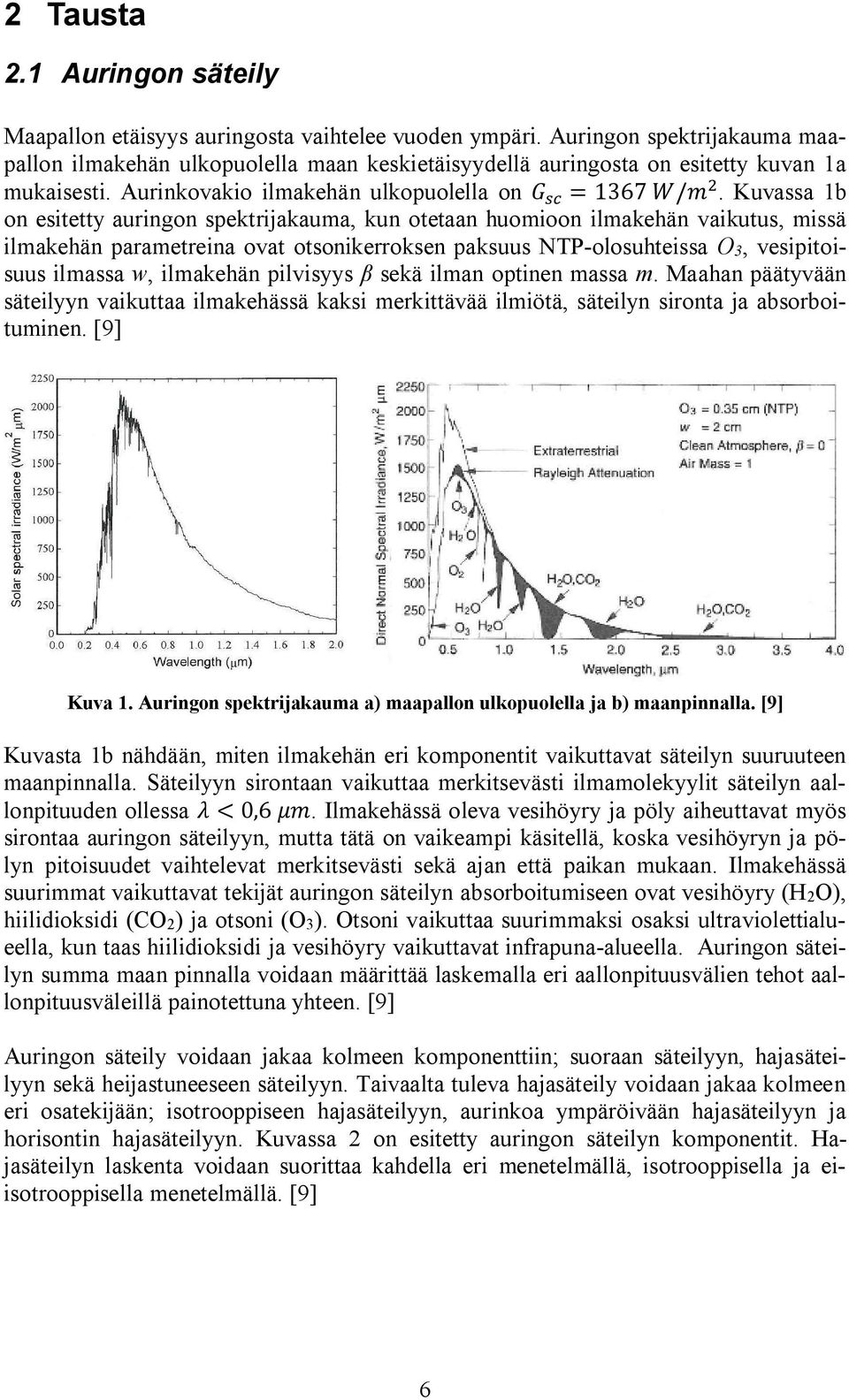 Kuvassa 1b on esitetty auringon spektrijakauma, kun otetaan huomioon ilmakehän vaikutus, missä ilmakehän parametreina ovat otsonikerroksen paksuus NTP-olosuhteissa O3, vesipitoisuus ilmassa w,