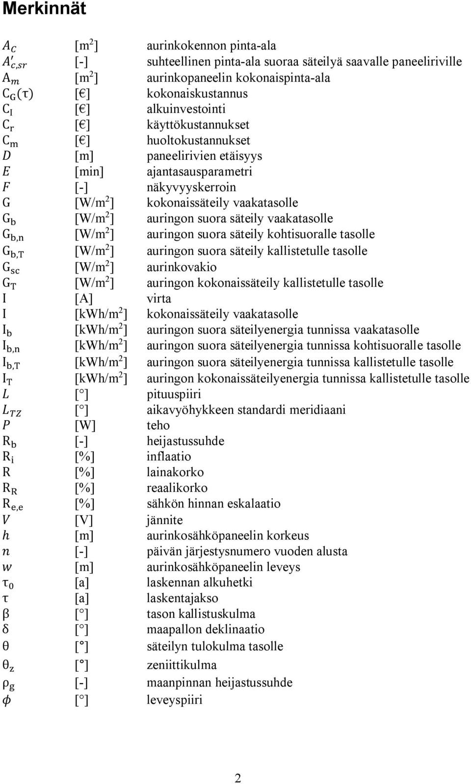 suora säteily vaakatasolle G, [W/m 2 ] auringon suora säteily kohtisuoralle tasolle G, [W/m 2 ] auringon suora säteily kallistetulle tasolle G [W/m 2 ] aurinkovakio G [W/m 2 ] auringon