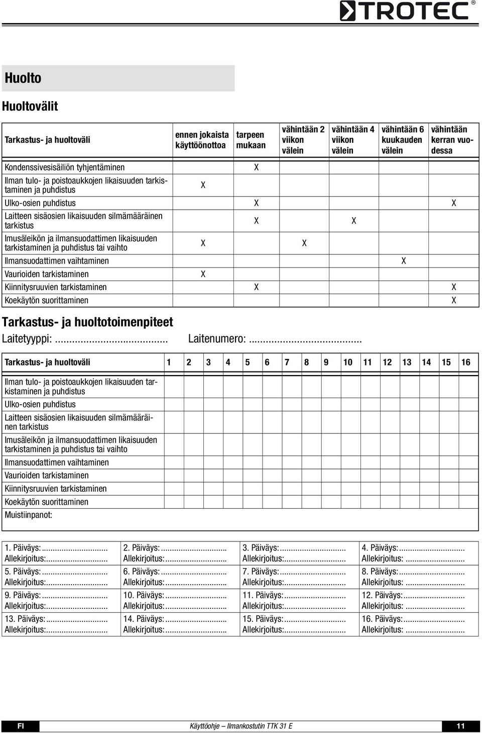 ilmansuodattimen likaisuuden tarkistaminen ja puhdistus tai vaihto Ilmansuodattimen vaihtaminen Vaurioiden tarkistaminen Kiinnitysruuvien tarkistaminen Koekäytön suorittaminen Tarkastus- ja