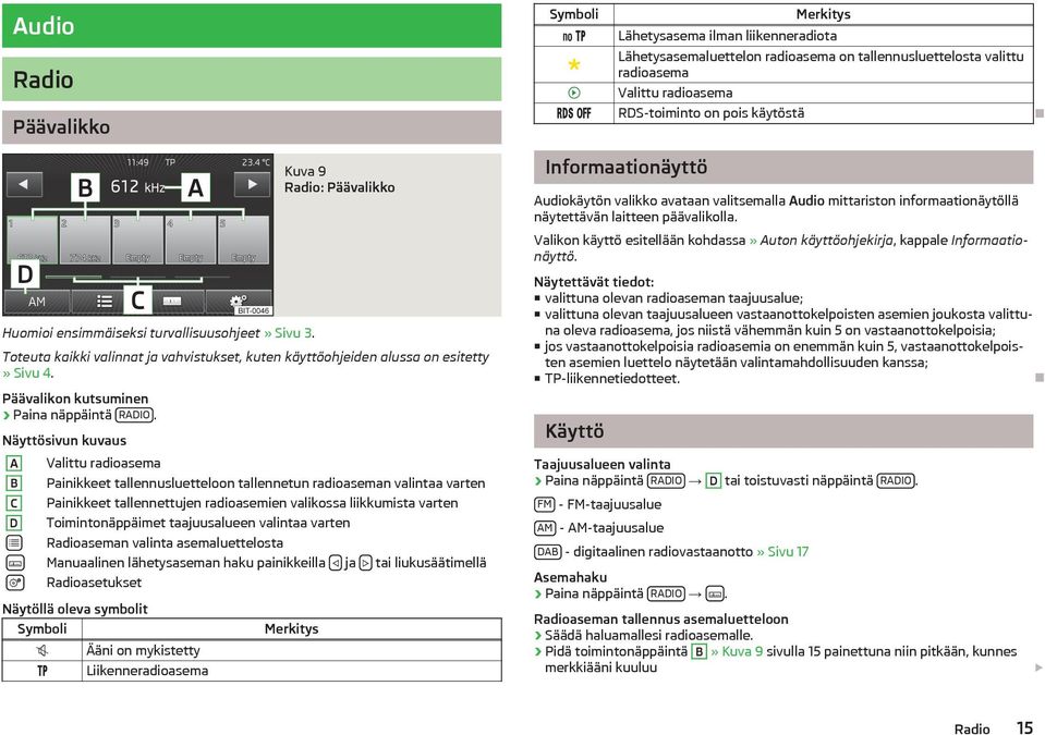 Näyttösivun kuvaus A B C D Valittu radioasema Painikkeet tallennusluetteloon tallennetun radioaseman valintaa varten Painikkeet tallennettujen radioasemien valikossa liikkumista varten