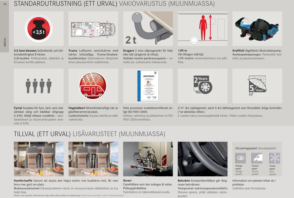 Dragare 2 tons släpvagnsvikt för häst eller båt (dragkrok är tillval). Kahden tonnin perävaunupaino veneille jne. (vetokoukku lisävaruste). 1,95 m Väl tilltagen ståhöjd.