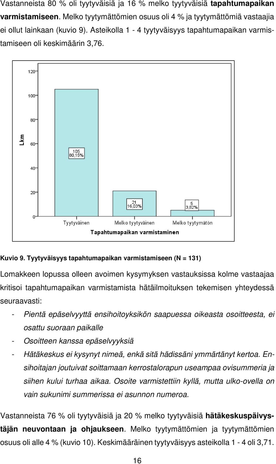 Tyytyväisyys tapahtumapaikan varmistamiseen (N = 131) Lomakkeen lopussa olleen avoimen kysymyksen vastauksissa kolme vastaajaa kritisoi tapahtumapaikan varmistamista hätäilmoituksen tekemisen