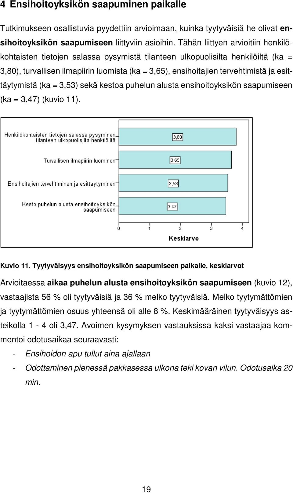 esittäytymistä (ka = 3,53) sekä kestoa puhelun alusta ensihoitoyksikön saapumiseen (ka = 3,47) (kuvio 11). Kuvio 11.