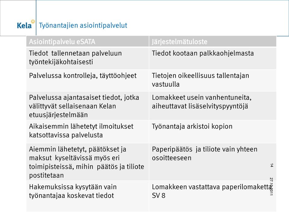 ja tiliote postitetaan Hakemuksissa kysytään vain työnantajaa koskevat tiedot Järjestelmätuloste Tiedot kootaan palkkaohjelmasta Tietojen oikeellisuus tallentajan vastuulla