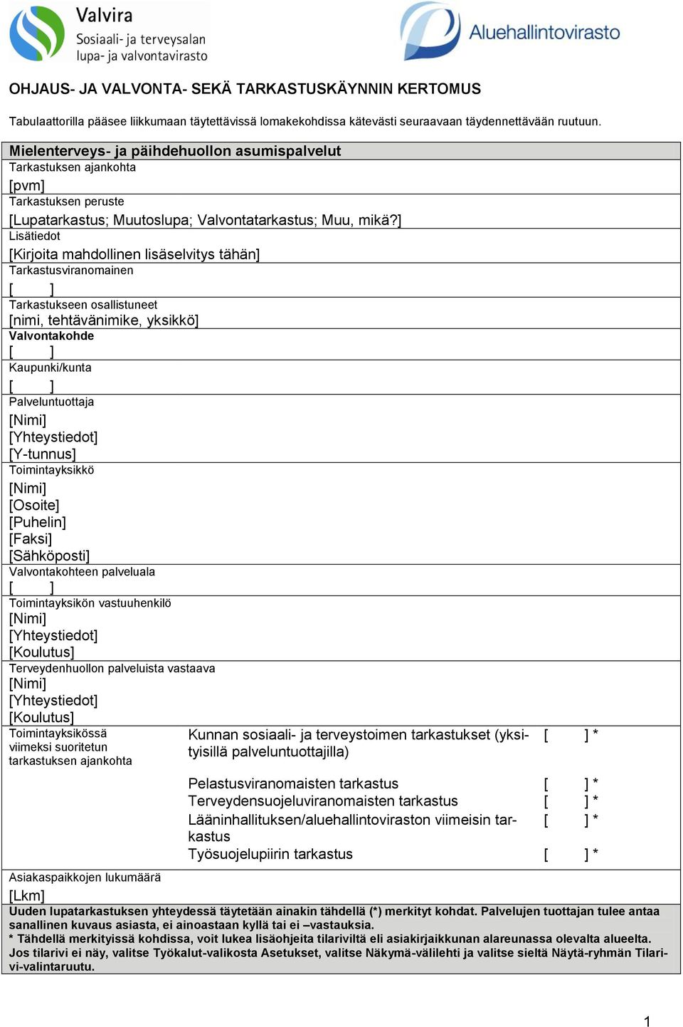 ] Lisätiedot [Kirjoita mahdollinen lisäselvitys tähän] Tarkastusviranomainen [ ] Tarkastukseen osallistuneet [nimi, tehtävänimike, yksikkö] Valvontakohde [ ] Kaupunki/kunta [ ] Palveluntuottaja