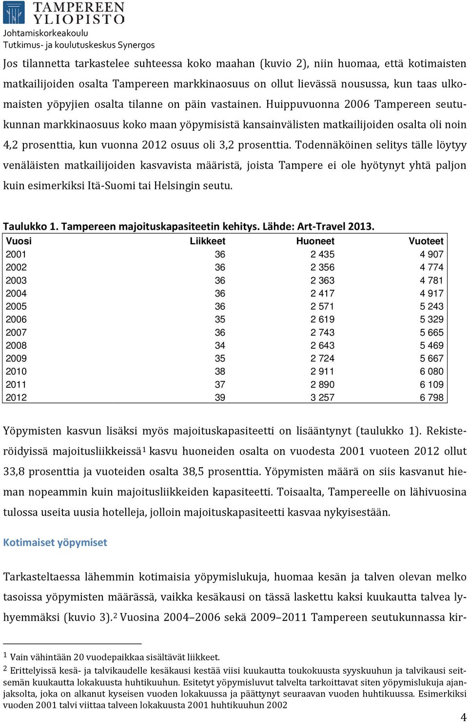 Huippuvuonna 2006 Tampereen seutukunnan markkinaosuus koko maan yöpymisistä kansainvälisten matkailijoiden osalta oli noin 4,2 prosenttia, kun vuonna 2012 osuus oli 3,2 prosenttia.