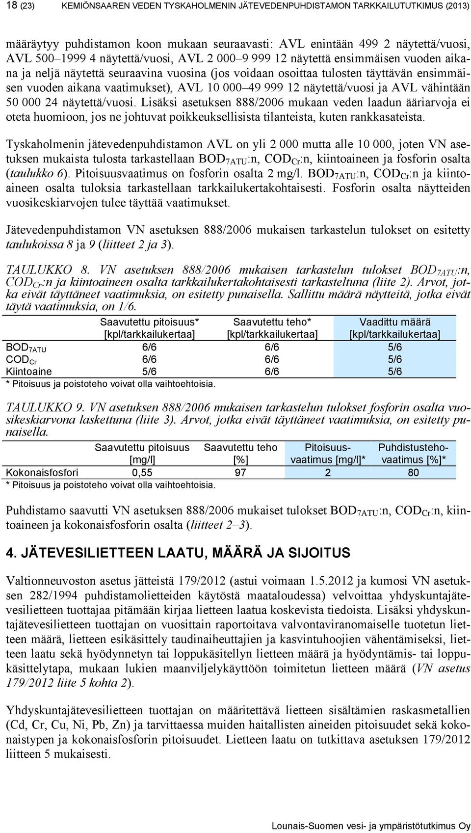 ja AVL vähintään 5 24 näytettä/vuosi. Lisäksi asetuksen 888/26 mukaan veden laadun ääriarvoja ei oteta huomioon, jos ne johtuvat poikkeuksellisista tilanteista, kuten rankkasateista.