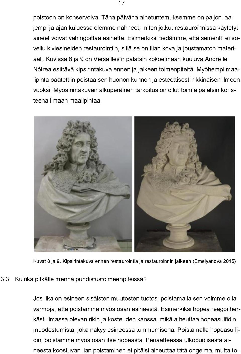 Kuvissa 8 ja 9 on Versailles n palatsin kokoelmaan kuuluva André le Nôtrea esittävä kipsirintakuva ennen ja jälkeen toimenpiteitä.