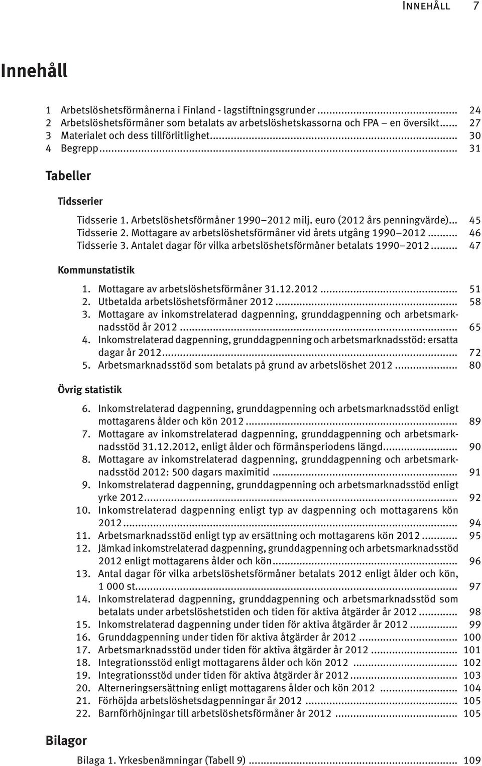 Mottagare av arbetslöshetsförmåner vid årets utgång 1990 2012... 46 Tidsserie 3. Antalet dagar för vilka arbetslöshetsförmåner betalats 1990 2012... 47 Kommunstatistik 1.