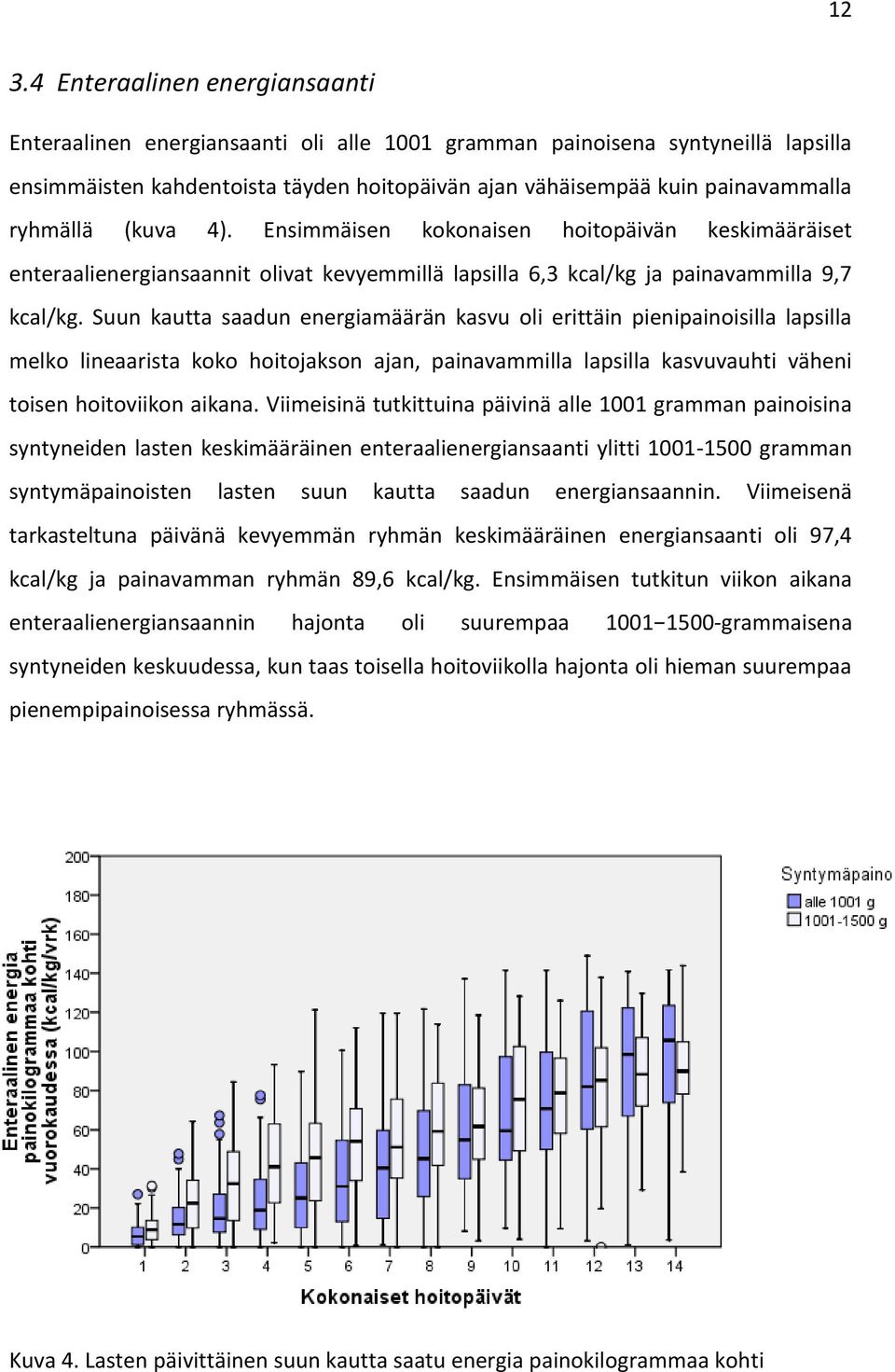 Suun kautta saadun energiamäärän kasvu oli erittäin pienipainoisilla lapsilla melko lineaarista koko hoitojakson ajan, painavammilla lapsilla kasvuvauhti väheni toisen hoitoviikon aikana.