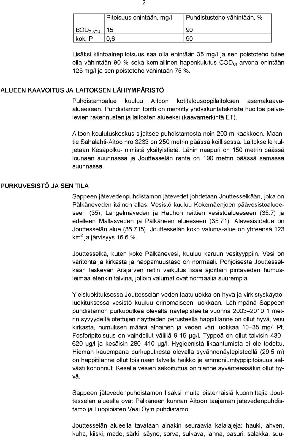 75 %. ALUEEN KAAVOITUS JA LAITOKSEN LÄHIYMPÄRISTÖ Puhdistamoalue kuuluu Aitoon kotitalousoppilaitoksen asemakaavaalueeseen.