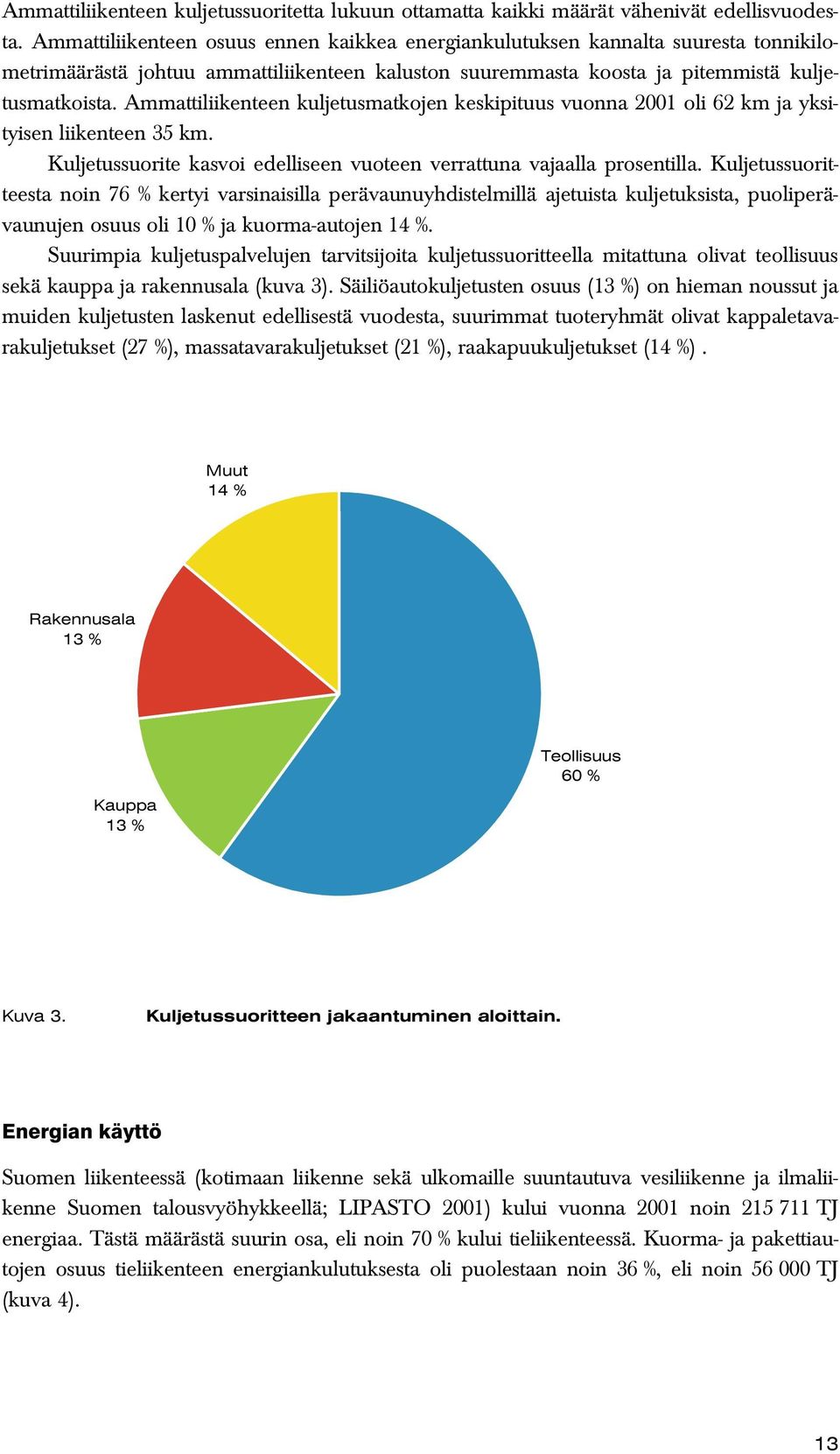 Ammattiliikenteen kuljetusmatkojen keskipituus vuonna 2001 oli 62 km ja yksityisen liikenteen 35 km. Kuljetussuorite kasvoi edelliseen vuoteen verrattuna vajaalla prosentilla.