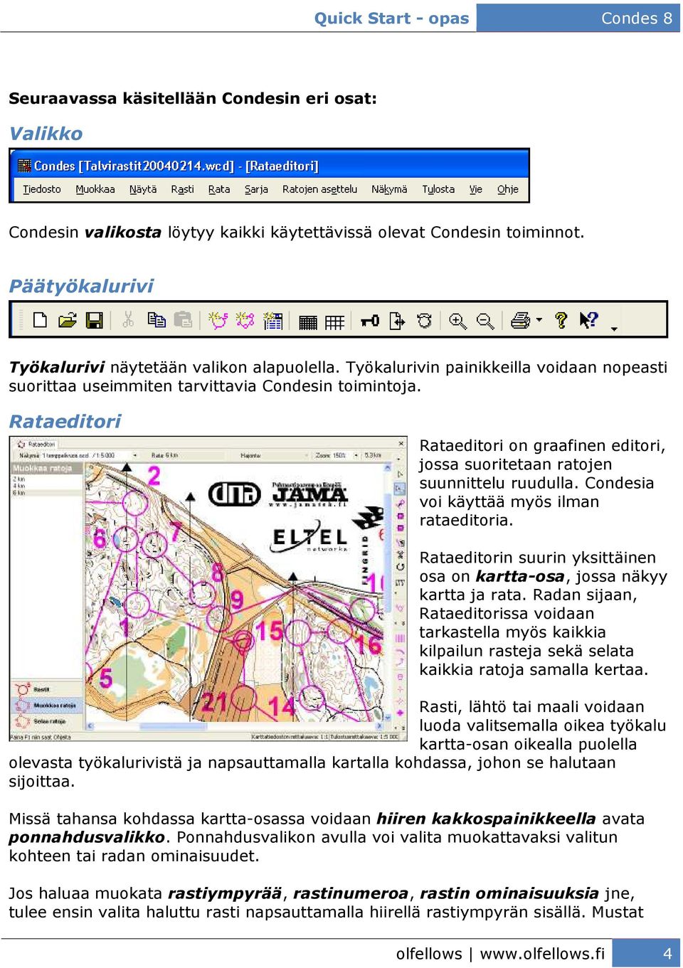 Condesia voi käyttää myös ilman rataeditoria. Rataeditorin suurin yksittäinen osa on kartta-osa, jossa näkyy kartta ja rata.