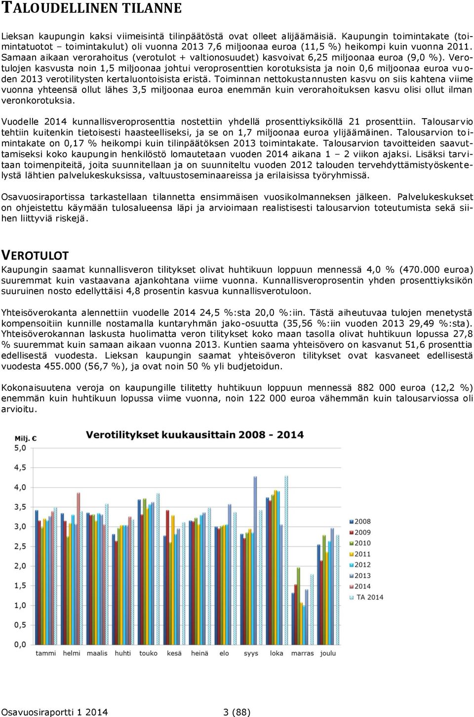 Samaan aikaan verorahoitus (verotulot + valtionosuudet) kasvoivat 6,25 miljoonaa euroa (9,0 %).