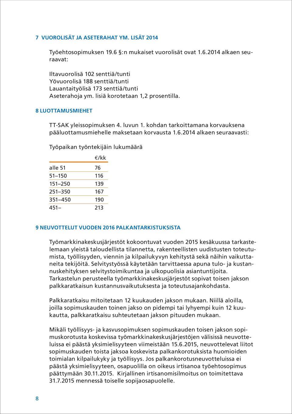 2014 alkaen seuraavasti: Työpaikan työntekijäin lukumäärä /kk alle 51 76 51 150 116 151 250 139 251 350 167 351 450 190 451 213 9 NEUVOTTELUT VUODEN 2016 PALKANTARKISTUKSISTA