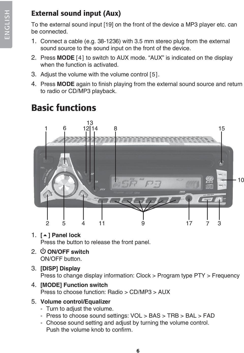 3. Adjust the volume with the volume control [5]. 4. Press MODE again to fi nish playing from the external sound source and return to radio or CD/MP3 playback.