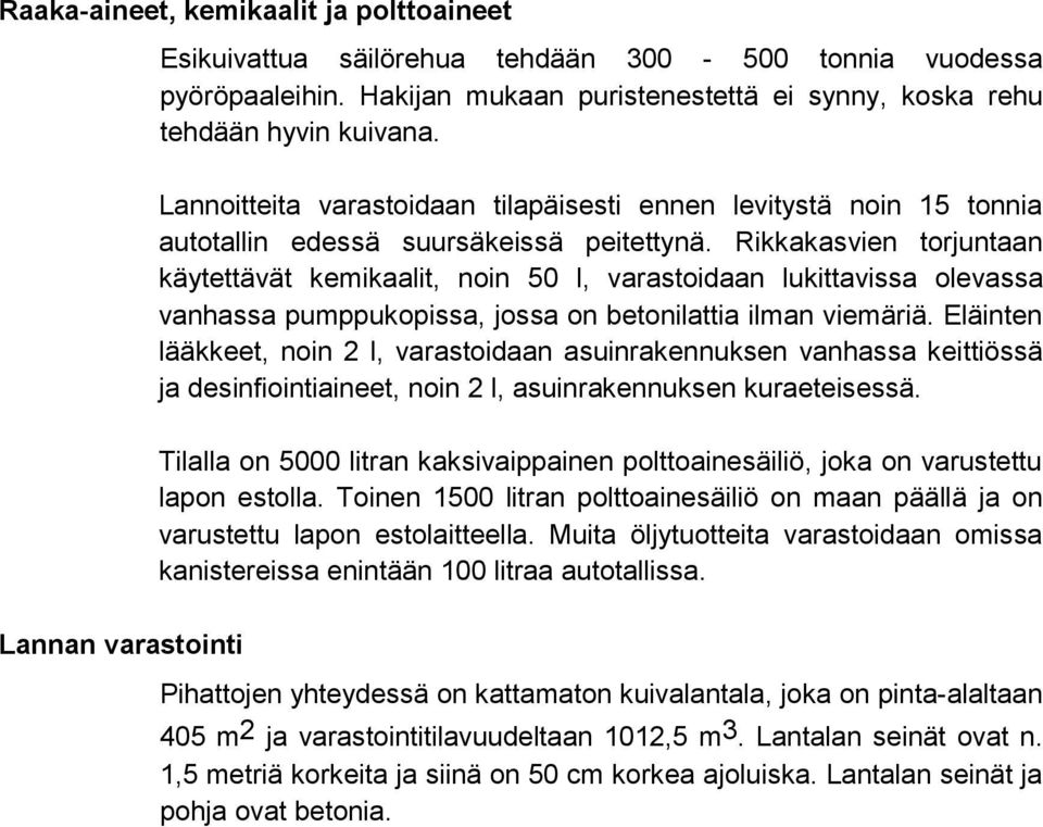 Rikkakasvien torjuntaan käytettävät kemikaalit, noin 50 l, varastoidaan lukittavissa olevassa vanhassa pumppukopissa, jossa on betonilattia ilman viemäriä.