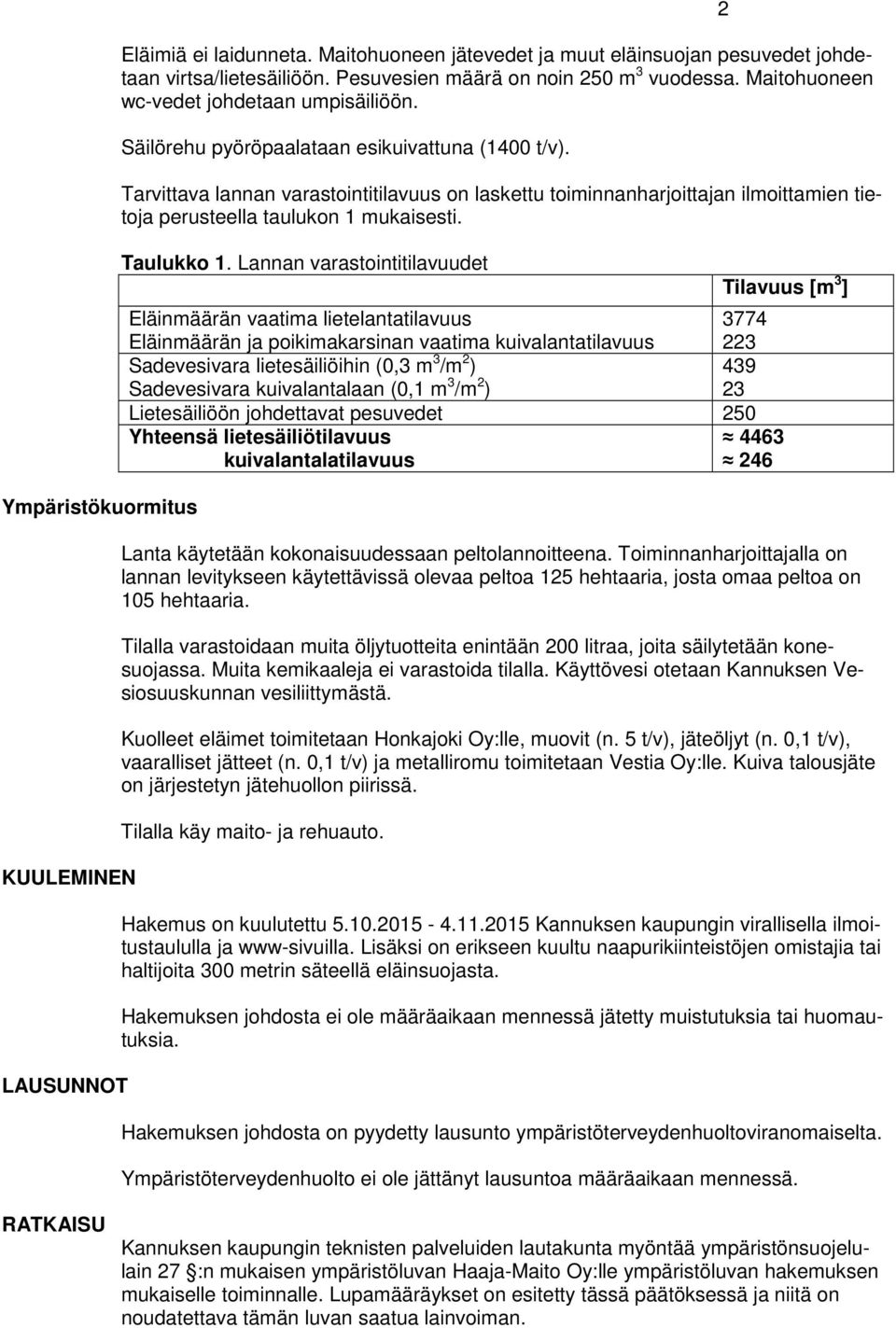 Tarvittava lannan varastointitilavuus on laskettu toiminnanharjoittajan ilmoittamien tietoja perusteella taulukon 1 mukaisesti. Taulukko 1.