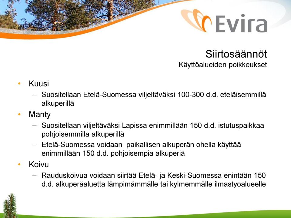150 d.d. pohjoisempia alkuperiä Koivu Rauduskoivua voidaan siirtää Etelä- ja Keski-Suomessa enintään 150 d.d. alkuperäaluetta lämpimämmälle tai kylmemmälle ilmastyoalueelle