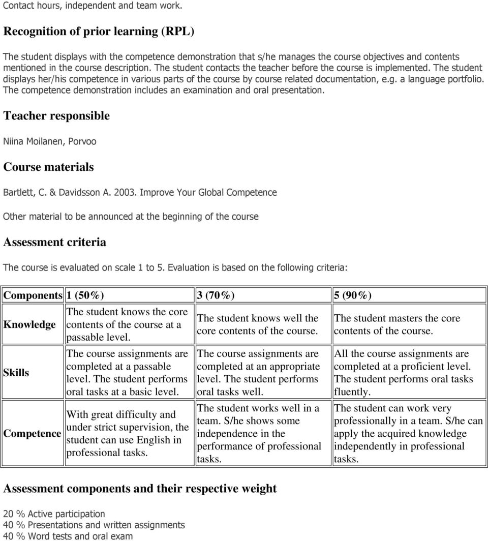 The student contacts the teacher before the course is implemented. The student displays her/his competence in various parts of the course by course related documentation, e.g. a language portfolio.