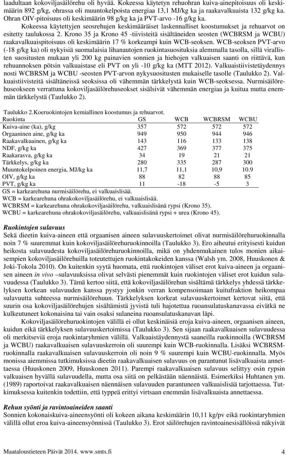 Krono 35 ja Krono 45 -tiivisteitä sisältäneiden seosten (WCBRSM ja WCBU) raakavalkuaispitoisuus oli keskimäärin 17 % korkeampi kuin WCB-seoksen.