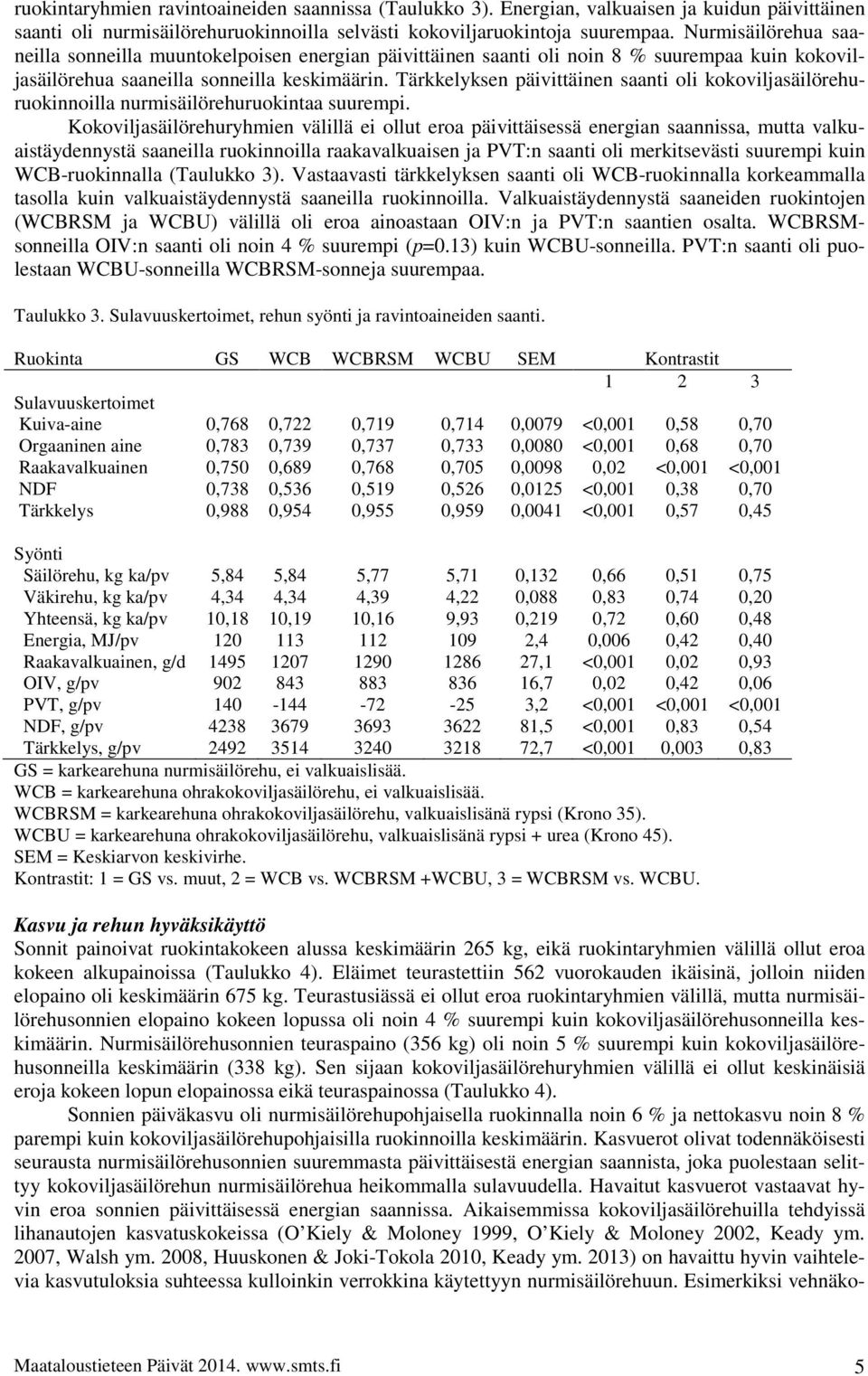 Tärkkelyksen päivittäinen saanti oli kokoviljasäilörehuruokinnoilla nurmisäilörehuruokintaa suurempi.