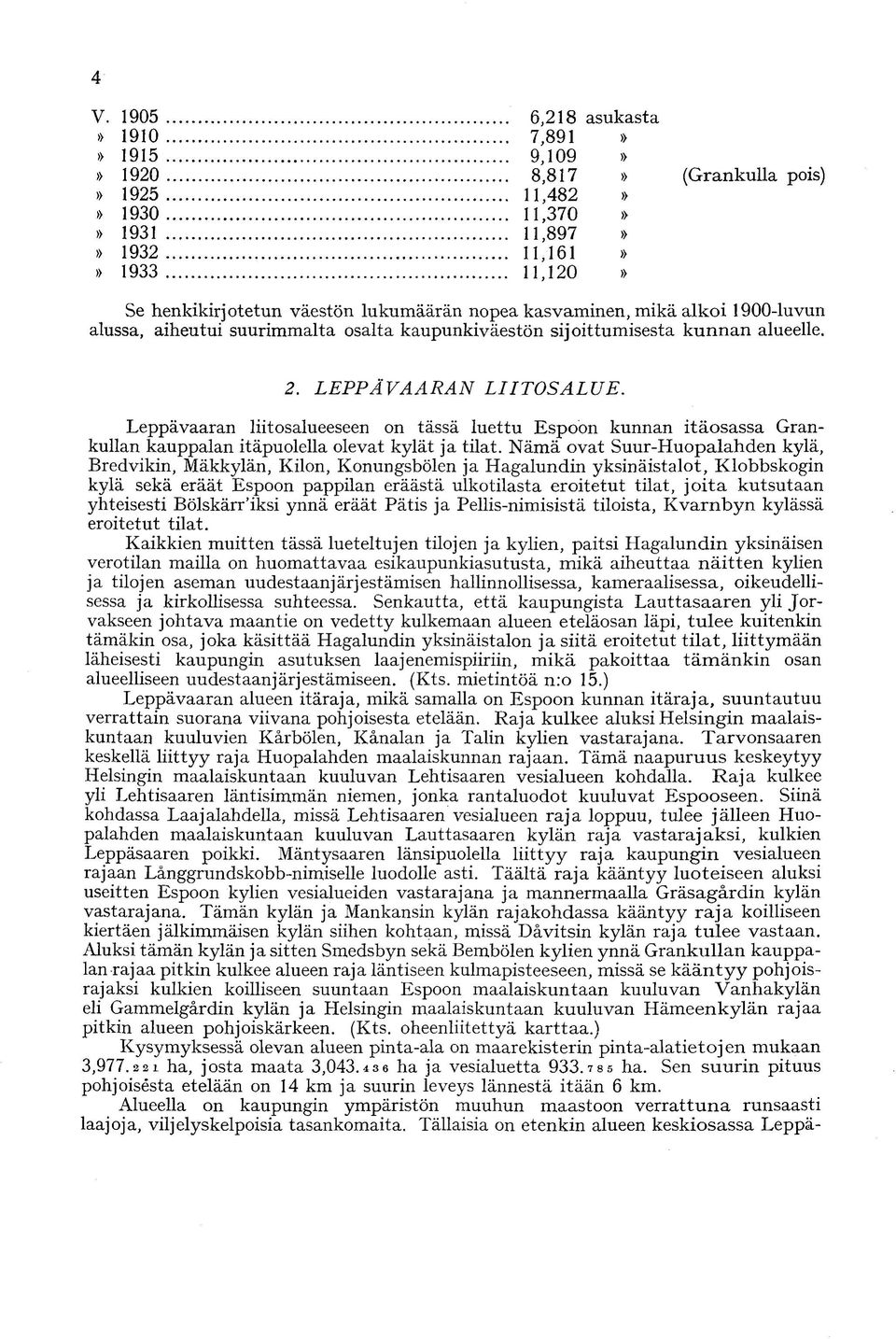 Leppävaaran liitosalueeseen on tässä luettu Espoon kunnan itäosassa Grankullan kauppalan itäpuolella olevat kylät ja tilat.