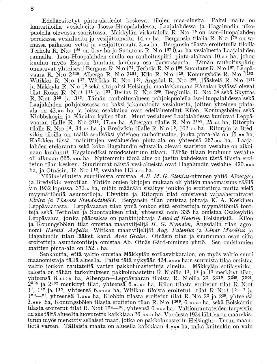 Bergansin tilasta eroitetuilla tiloilla Terhola R. N:o l 86 on O.27 ha ja Suontaus R. N:o l 87 O.43 ha vesialuetta Laajalahden rannalla. Ison-Huopalahden suulla on rauhoituspiiri, pinta-alaltaan 10.