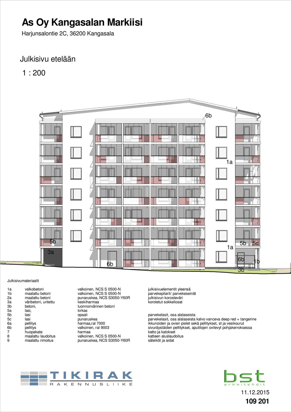 kirkas 5b lasi opaali parvekelasit, osa alalaseista 5c lasi punaruskea parvekelasit, osa alalaseista kalvo vanceva deep red + tangerine 6a pellitys harmaa,ral 7000 ikkunoiden ja ovien pielet sekä