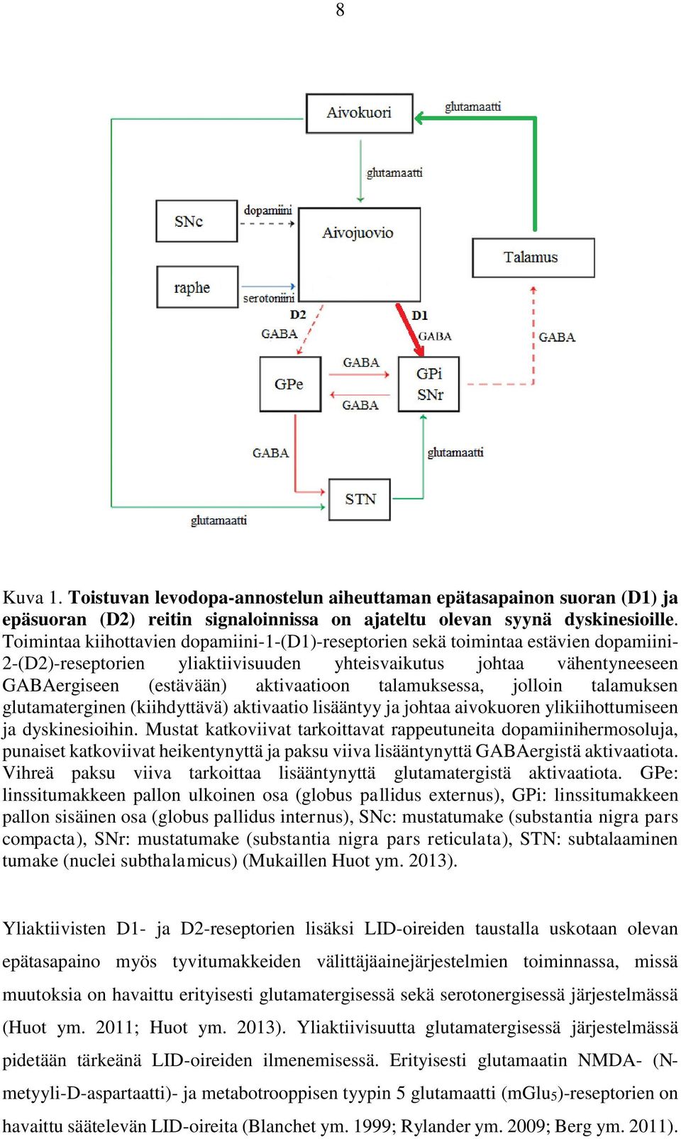 talamuksessa, jolloin talamuksen glutamaterginen (kiihdyttävä) aktivaatio lisääntyy ja johtaa aivokuoren ylikiihottumiseen ja dyskinesioihin.