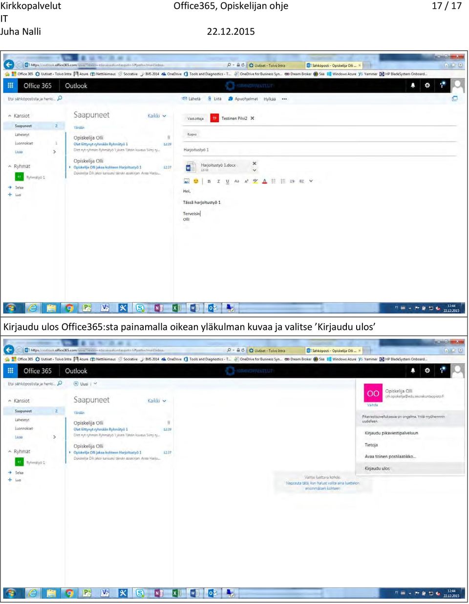 ulos Office365:sta painamalla