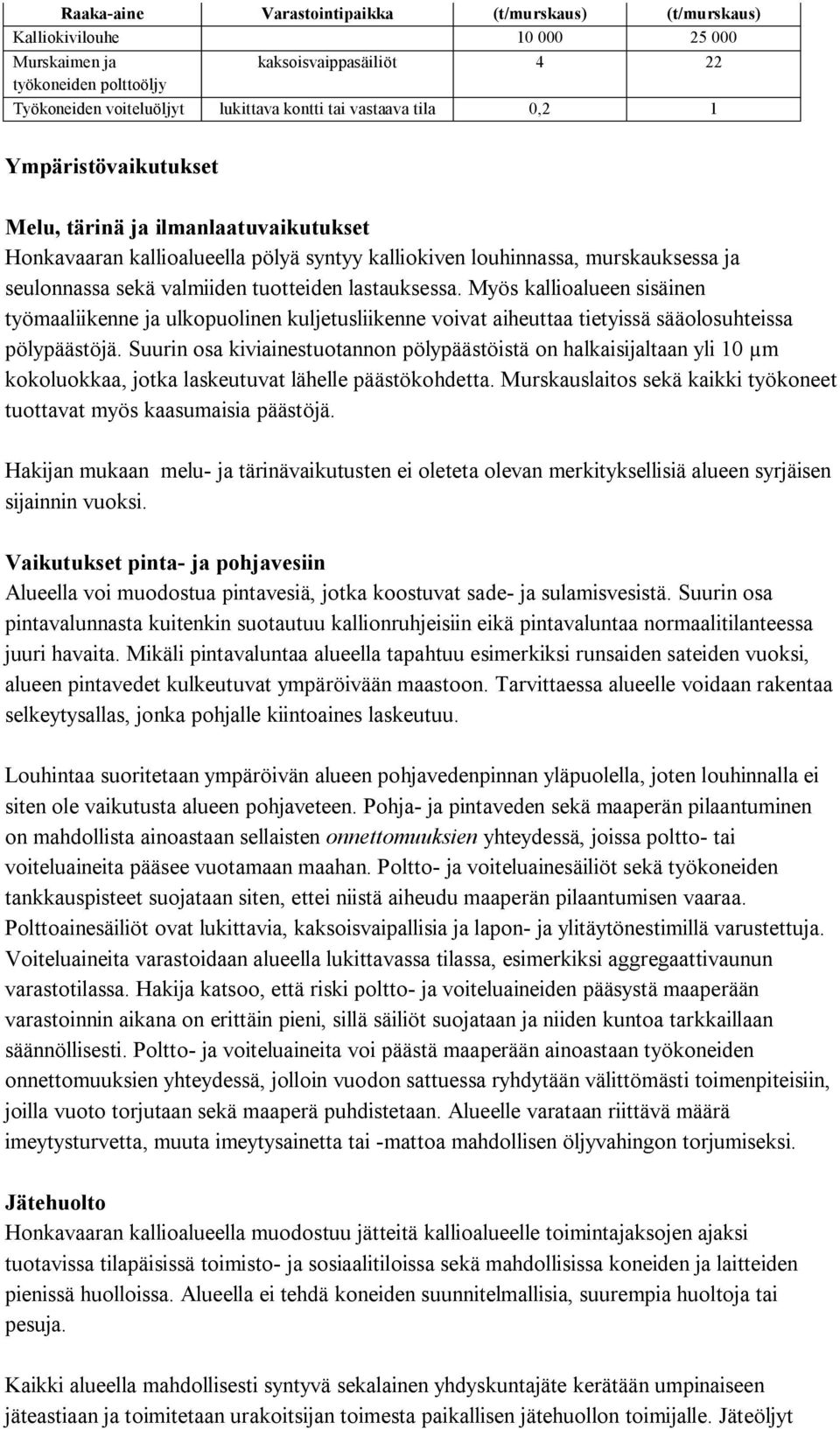 lastauksessa. Myös kallioalueen sisäinen työmaaliikenne ja ulkopuolinen kuljetusliikenne voivat aiheuttaa tietyissä sääolosuhteissa pölypäästöjä.