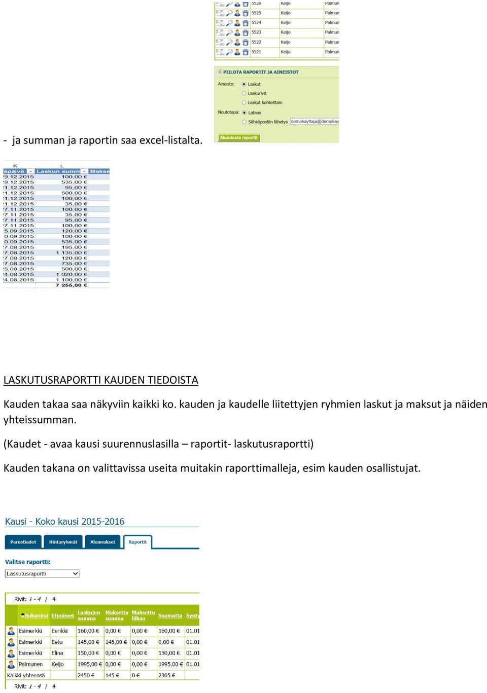 kauden ja kaudelle liitettyjen ryhmien laskut ja maksut ja näiden yhteissumman.