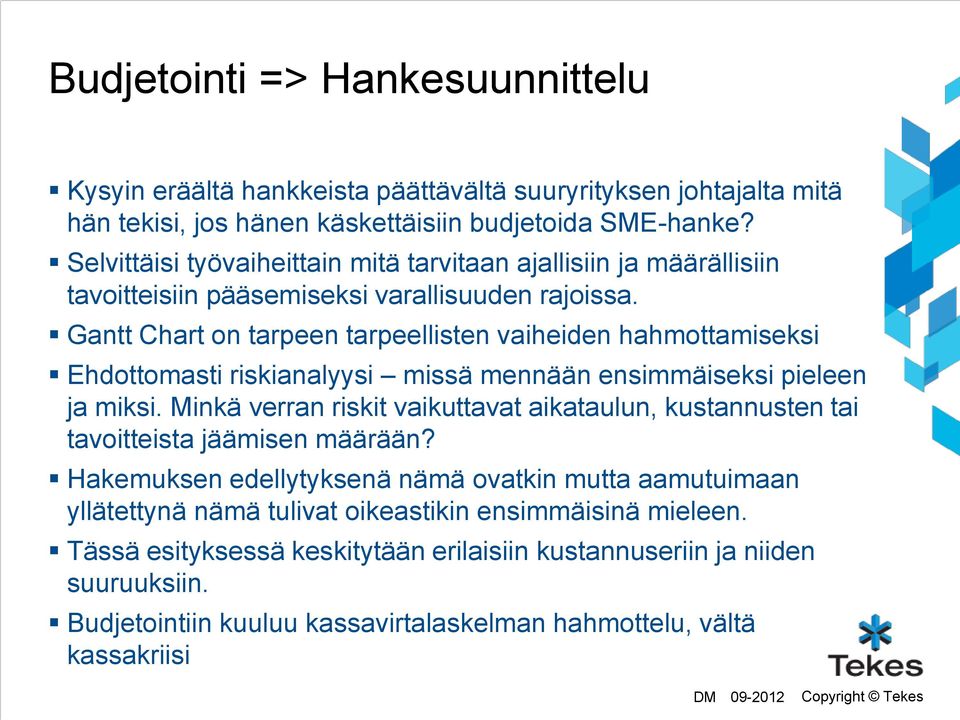 Gantt Chart on tarpeen tarpeellisten vaiheiden hahmottamiseksi Ehdottomasti riskianalyysi missä mennään ensimmäiseksi pieleen ja miksi.