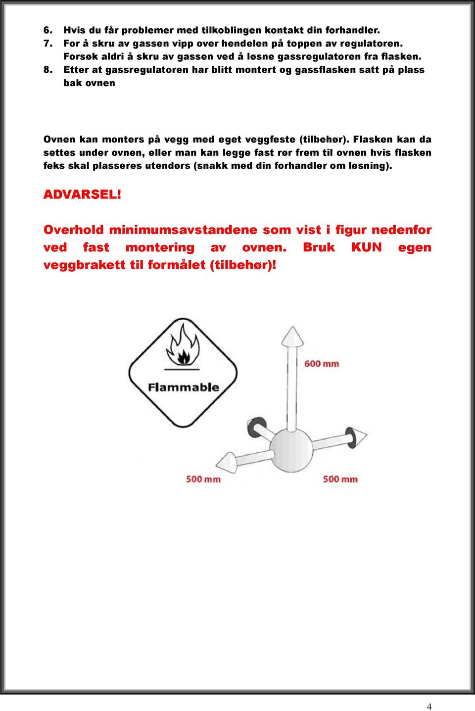 Etter at gassregulatoren har blitt montert og gassflasken satt på plass bak ovnen Ovnen kan monters på vegg med eget veggfeste (tilbehør).