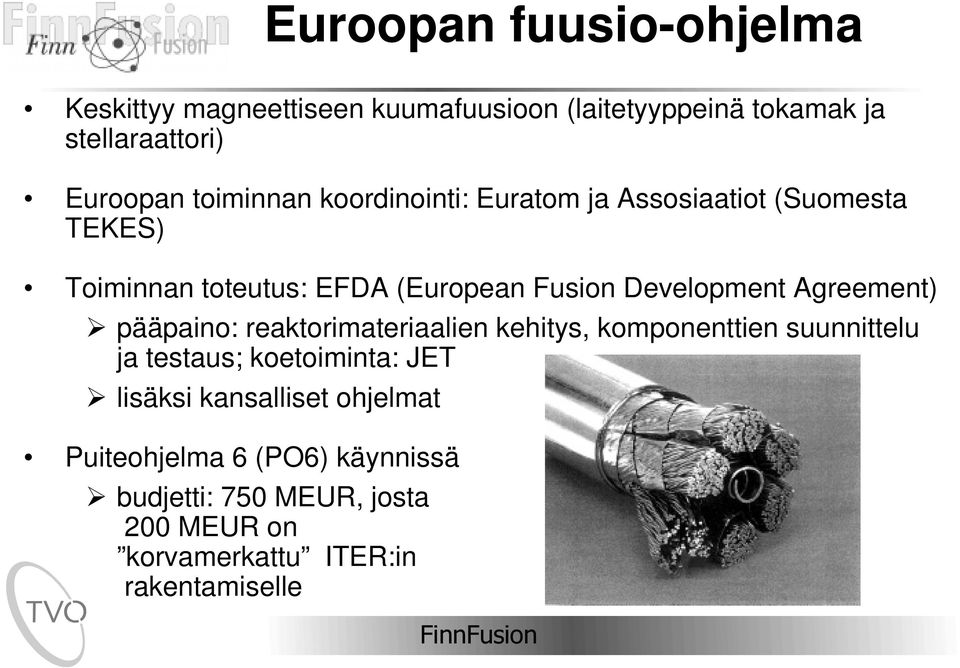 Agreement) ½ pääpaino: reaktorimateriaalien kehitys, komponenttien suunnittelu ja testaus; koetoiminta: JET ½ lisäksi