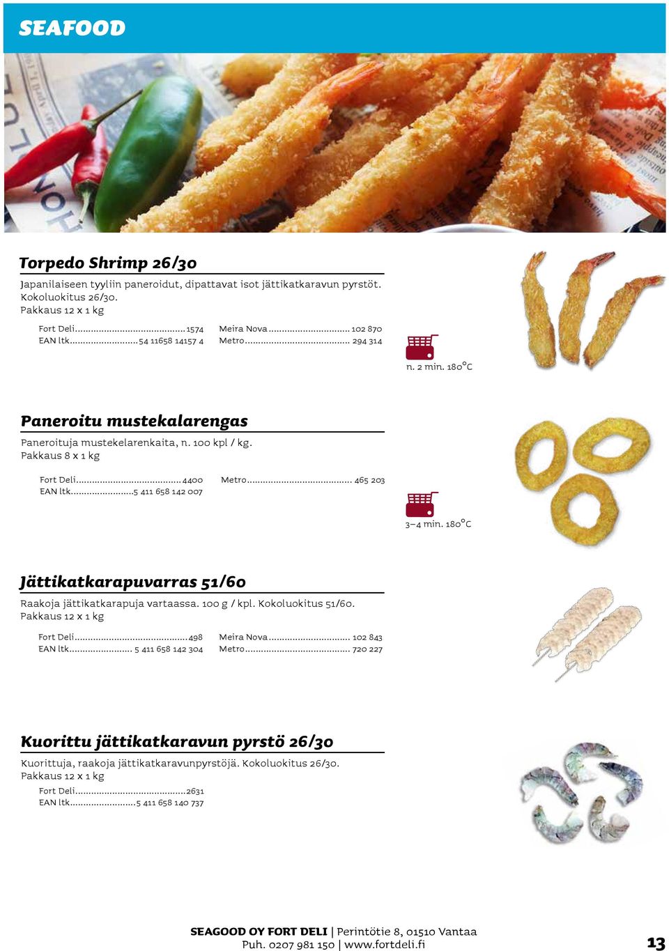 .. 465 203 3 4 min. 180 C Jättikatkarapuvarras 51/60 Raakoja jättikatkarapuja vartaassa. 100 g / kpl. Kokoluokitus 51/60. Pakkaus 12 x 1 kg Fort Deli...498 EAN ltk... 5 411 658 142 304 Meira Nova.