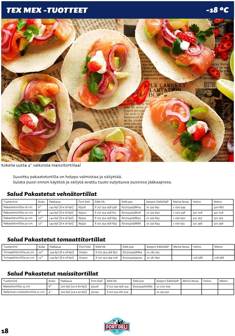 Salud Pakastetut vehnätortillat Tuotenimi Koko Pakkaus Fort Deli EAN ltk EAN pss Kespro EAN/SAP Meira Nova Heino Metro Pakastetortilla 16 cm 6 144 kpl (8 x 18 kpl) 65516 8 717 154 058 598