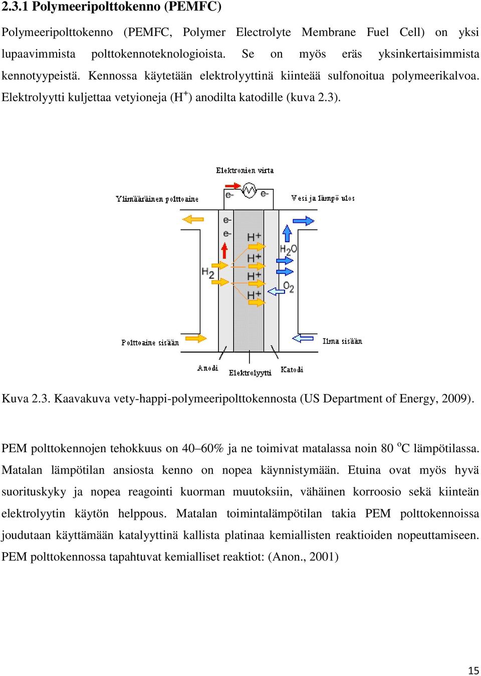 Kuva 2.3. Kaavakuva vety-happi-polymeeripolttokennosta (US Department of Energy, 2009). PEM polttokennojen tehokkuus on 40 60% ja ne toimivat matalassa noin 80 o C lämpötilassa.
