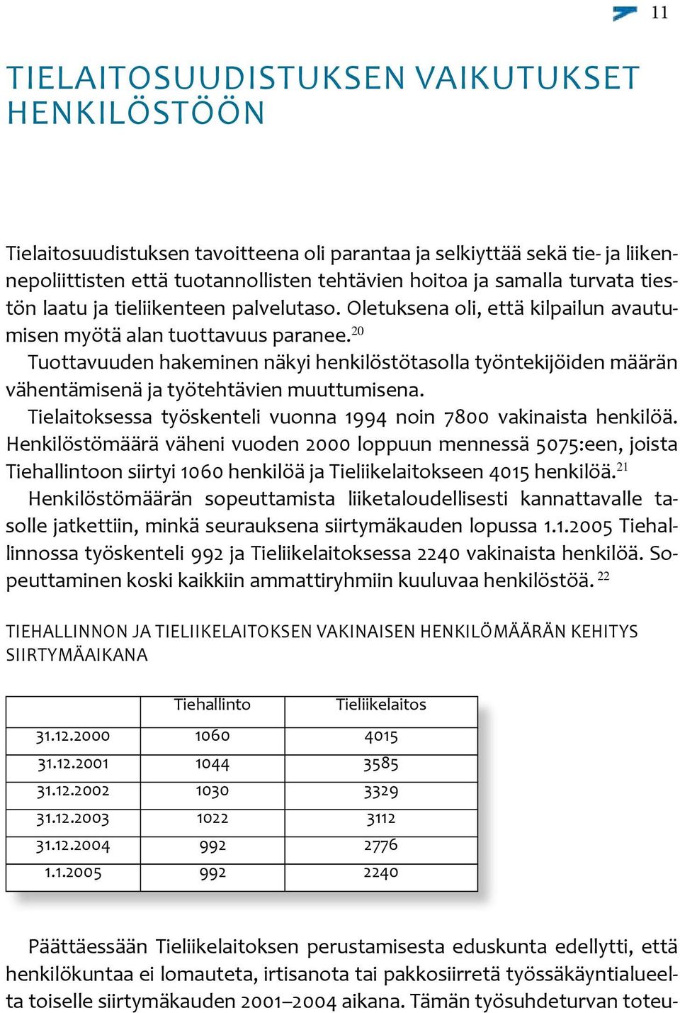 20 Tuottavuuden hakeminen näkyi henkilöstötasolla työntekijöiden määrän vähentämisenä ja työtehtävien muuttumisena. Tielaitoksessa työskenteli vuonna 1994 noin 7800 vakinaista henkilöä.