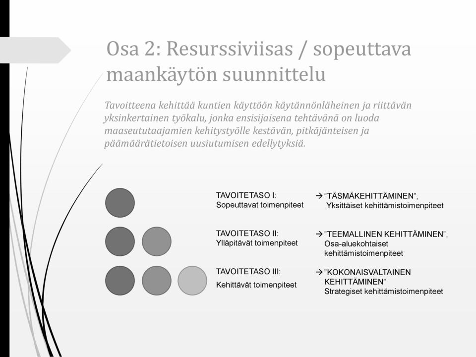 TAVOITETASO I: Sopeuttavat toimenpiteet TÄSMÄKEHITTÄMINEN, Yksittäiset kehittämistoimenpiteet TAVOITETASO II: Ylläpitävät toimenpiteet TAVOITETASO